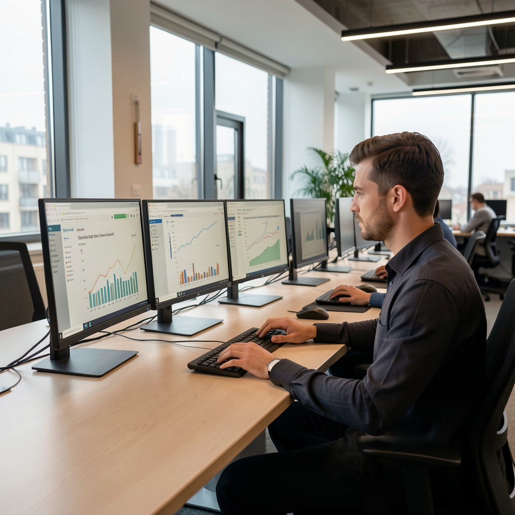 Tim digitalnih marketara analizira podatke kampanje na više monitora u modernoj kancelariji u Beogradu