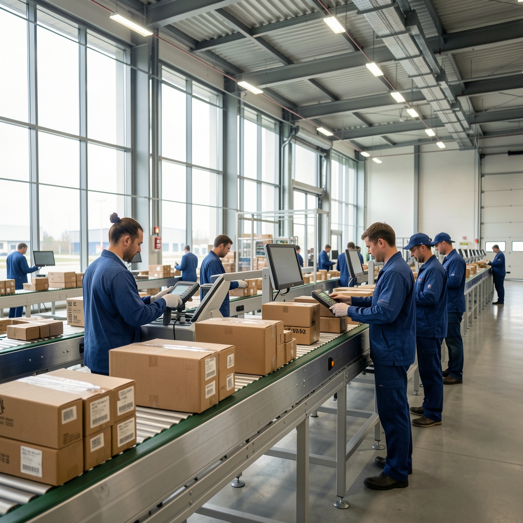 Moderni logistički centar u Srbiji sa paketima na pokretnoj traci i radnicima koji skeniraju bar kodove u dobro osvetljenom skladištu