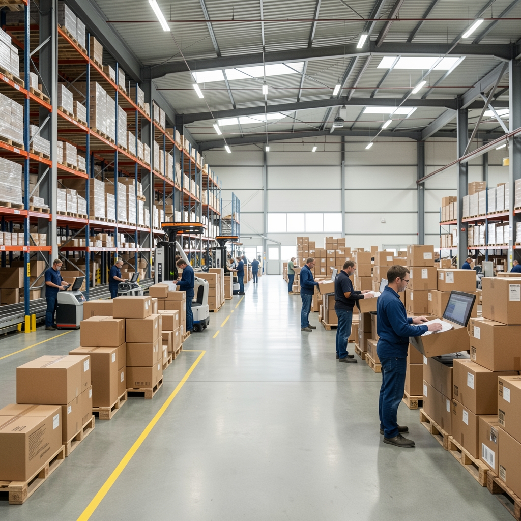 Unutrašnjost modernog logističkog skladišta sa robotizovanim sistemima sortiranja paketa i radnicima koji pakuju narudžbine