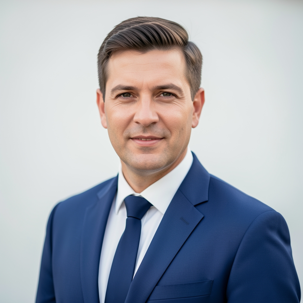 Portret muškog analitičara u plavom odelu, profesionalna fotografija na svetloj pozadini, poslovni izraz lica