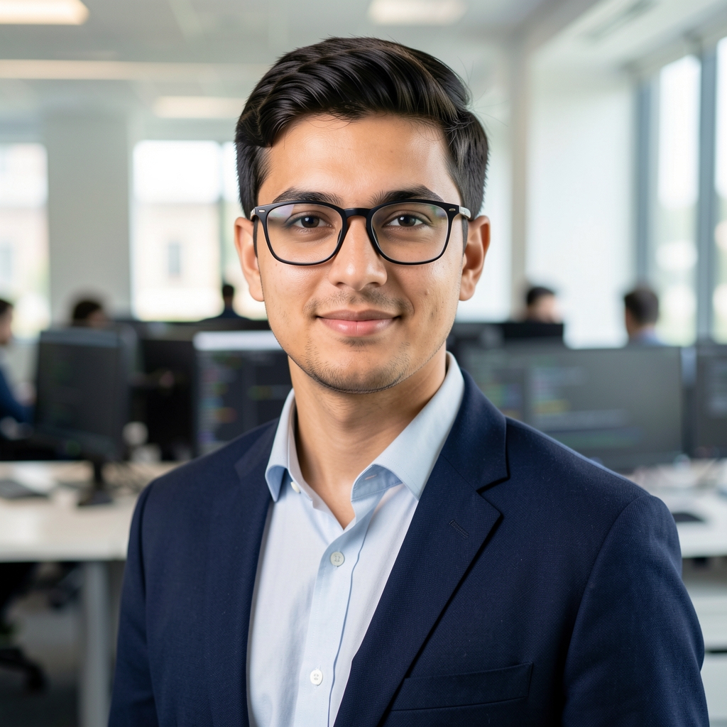 Portret mladog muškarca data scientist-a sa naočarima, neformalna ali uredna odjeća, pozira u modernom tech kancelarijskom okruženju